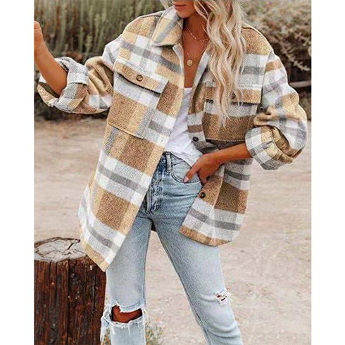 Long-Sleeve Loose Plaid Thickened Wool Jacket